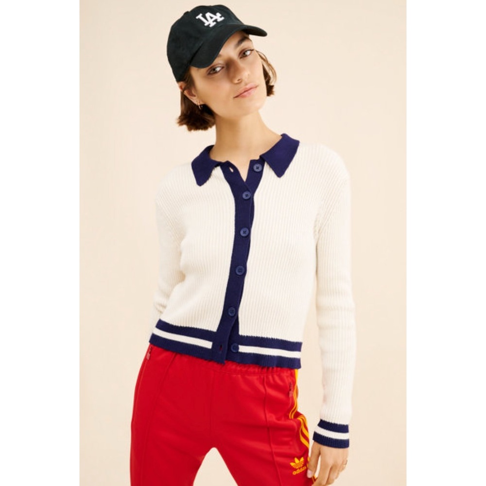 Anthropologie Central Park Ribbed Varsity Cardigan Cream Navy Blue Small